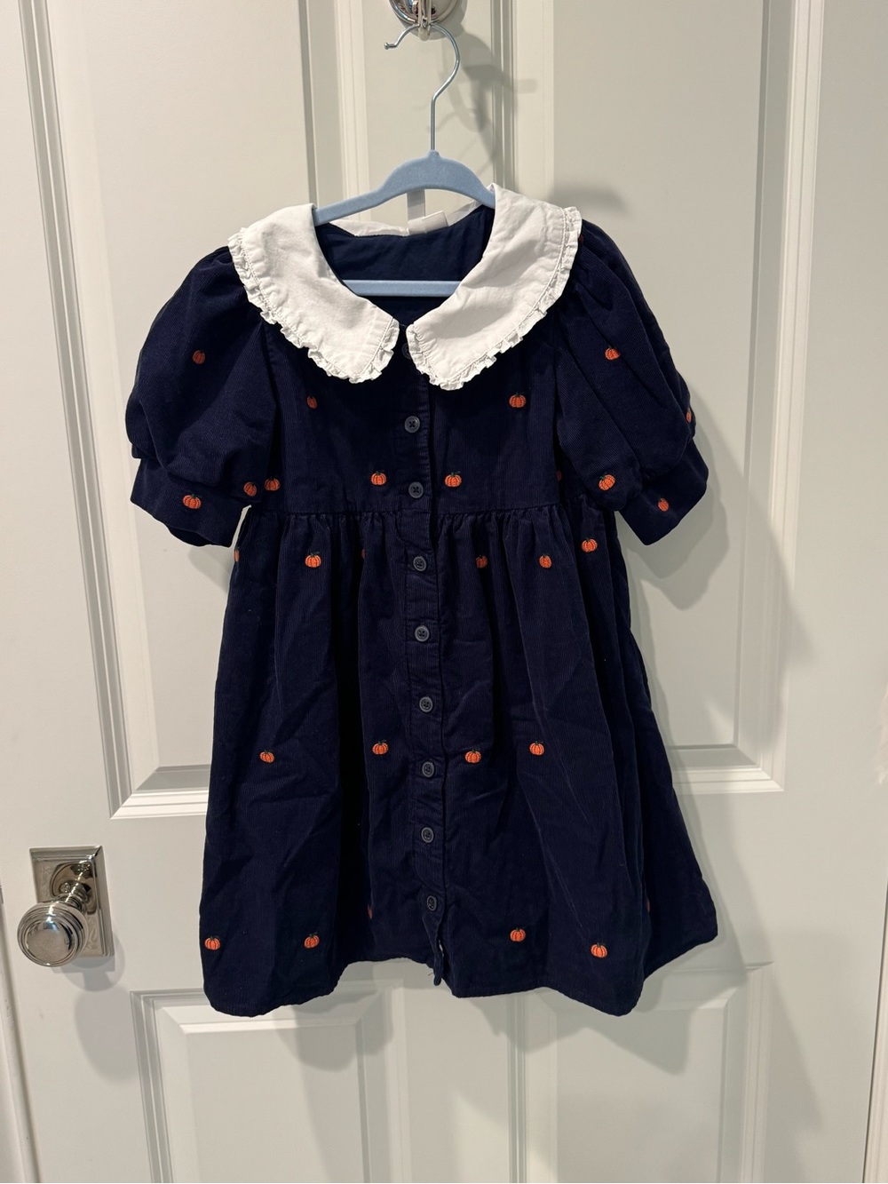 Girls Navy Pumpkin-Embroidered Dress with White Peter Pan Collar